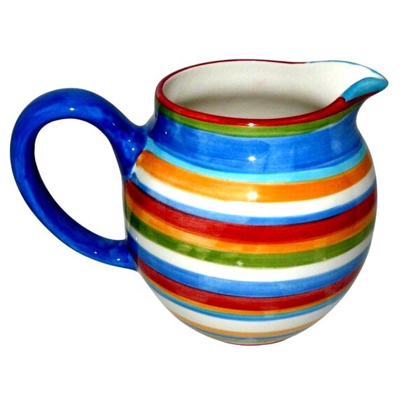 Colorful Hand-painted Ceramic Pitcher With Striped Design & Blue Handle By Home - Picture 5 of 6
